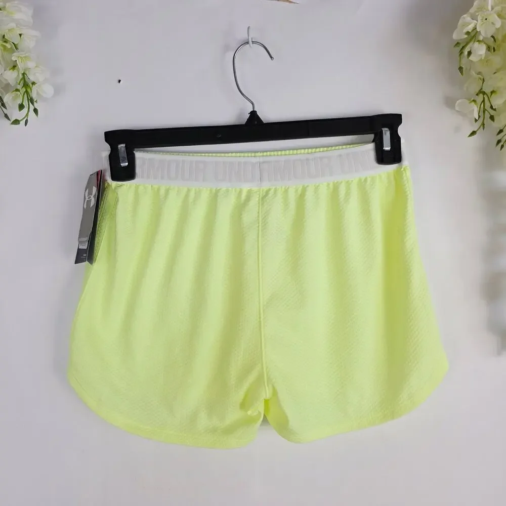 New Under Armour Girls Shorts YLG Yellow Loose Fit HeatGear Drawstring Athletic
